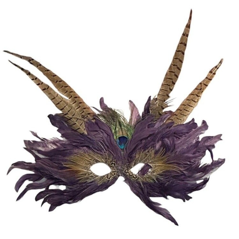 Purple Blue Black Green Gold Peacock Feather Mardi Gras Fantasy Costume Mask 17”